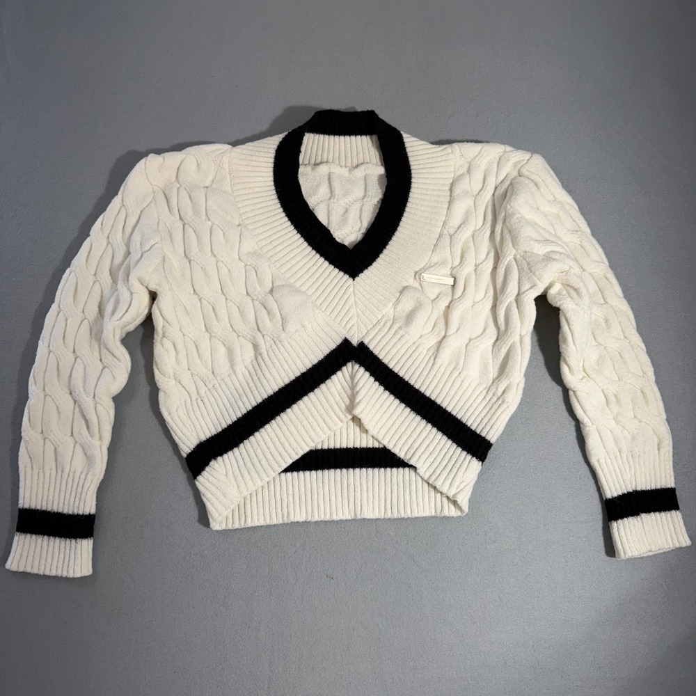 Y2K Cropped Wrap Sweater Womens Medium Cream Preppy